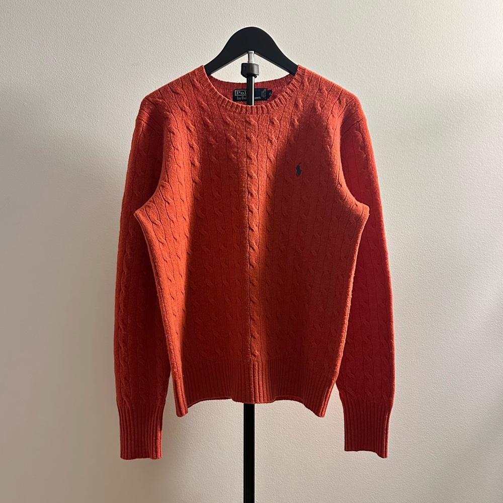 Vintage Polo Ralph Lauren Brick Red Wool Crew Neck Cable Knit Sweater Size S